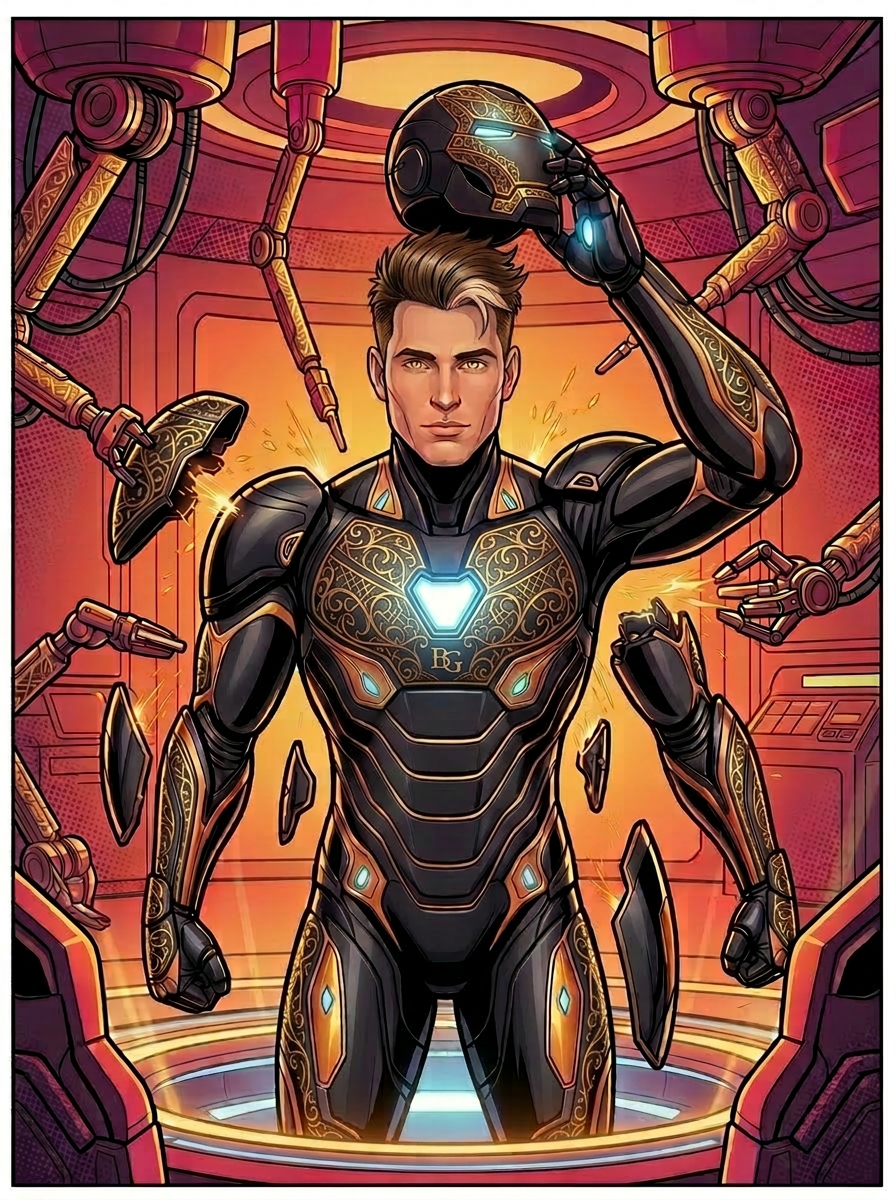 Jake suits up as Iron Brander inside the armor chamber