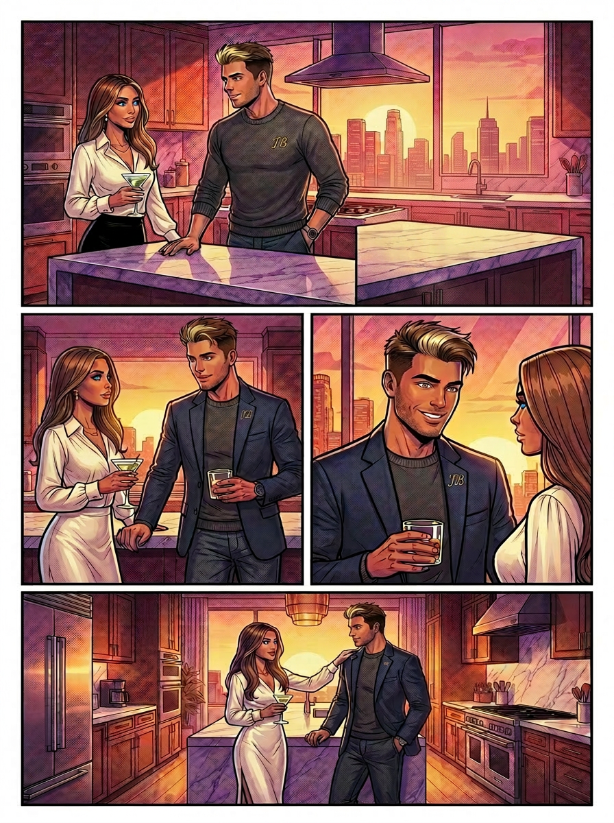 Jake and Kayla share a quiet drink together in their penthouse at sunset