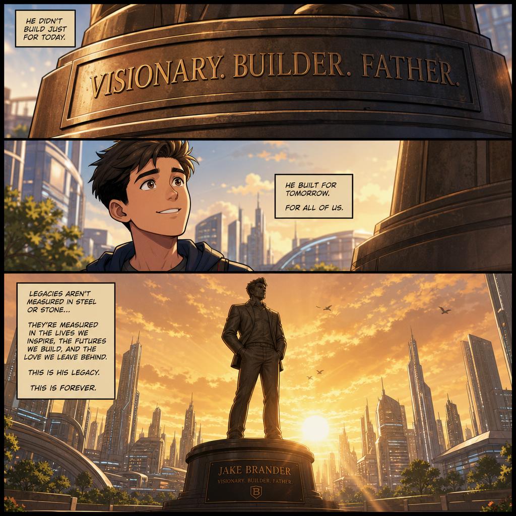 The inscription on Jake Brander's statue reads VISIONARY. BUILDER. FATHER.