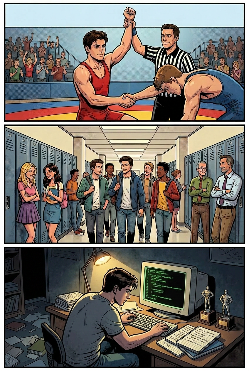 Young Jake wins a wrestling match, walks the high school hall with friends, and watches the city from a rooftop at sunset